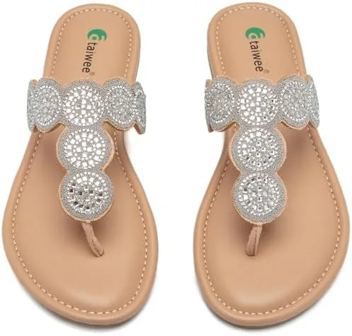 ataiwee womens bohemian bling flat slide sandals casual summer thong sandals with rhinestone decor rubber sole lightweight comfortable for casual attire strappy sandals2207007 2svmf12