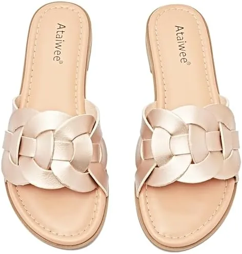 ataiwee womens braided flat slide sandals chic summer shoes with round toe and cover strap detail easy slip on design rubber sole strappy sandals2307012gdmf10