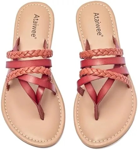 ataiwee womens casual flat slide sandals dressy comfortable criss cross strappy summer sandalsopen toe multi strap beach flat thong sandalsbrown 7