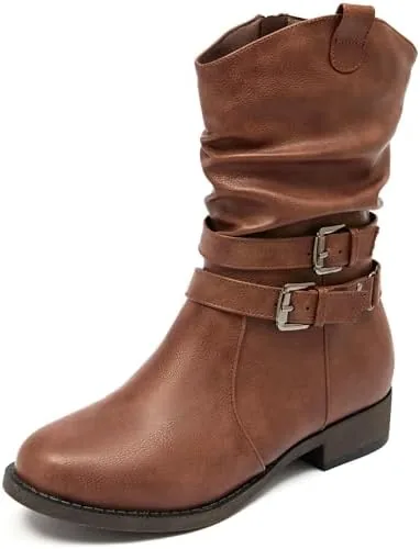 ataiwee womens mid calf cowboy cowgirl boots with low chunky heel side zipper motorcycle style classic round toefashion dark brown western boots pu11